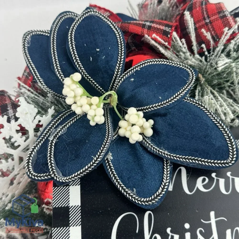 Christmas Wreath Front Door Decor 18 Inch Artificial Flowers Plaid Ribbon Sign
